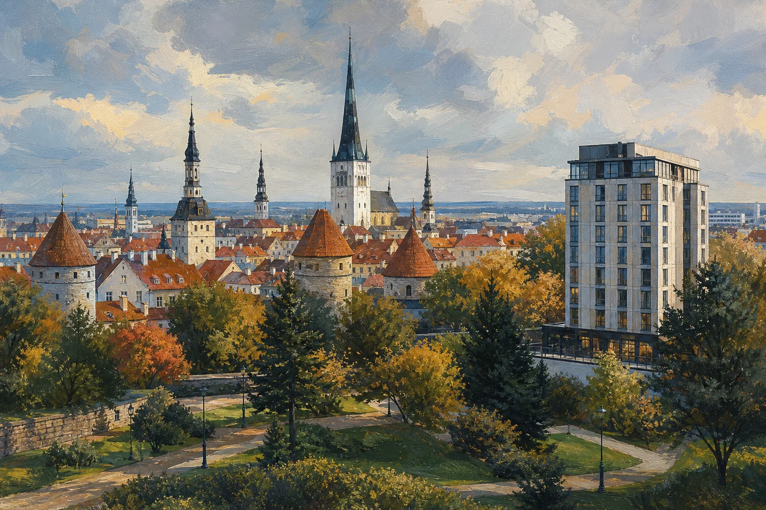 Toimituksellinen maalauskuvitus Tallinnan inspiroimasta puistosta ja kaupunkimaisemasta